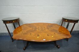 AN ITALIAN STYLE WALNUT AND INLAID OVAL COFFEE TABLE, length 128cm x depth 85cm x height 51cm, along