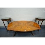 AN ITALIAN STYLE WALNUT AND INLAID OVAL COFFEE TABLE, length 128cm x depth 85cm x height 51cm, along