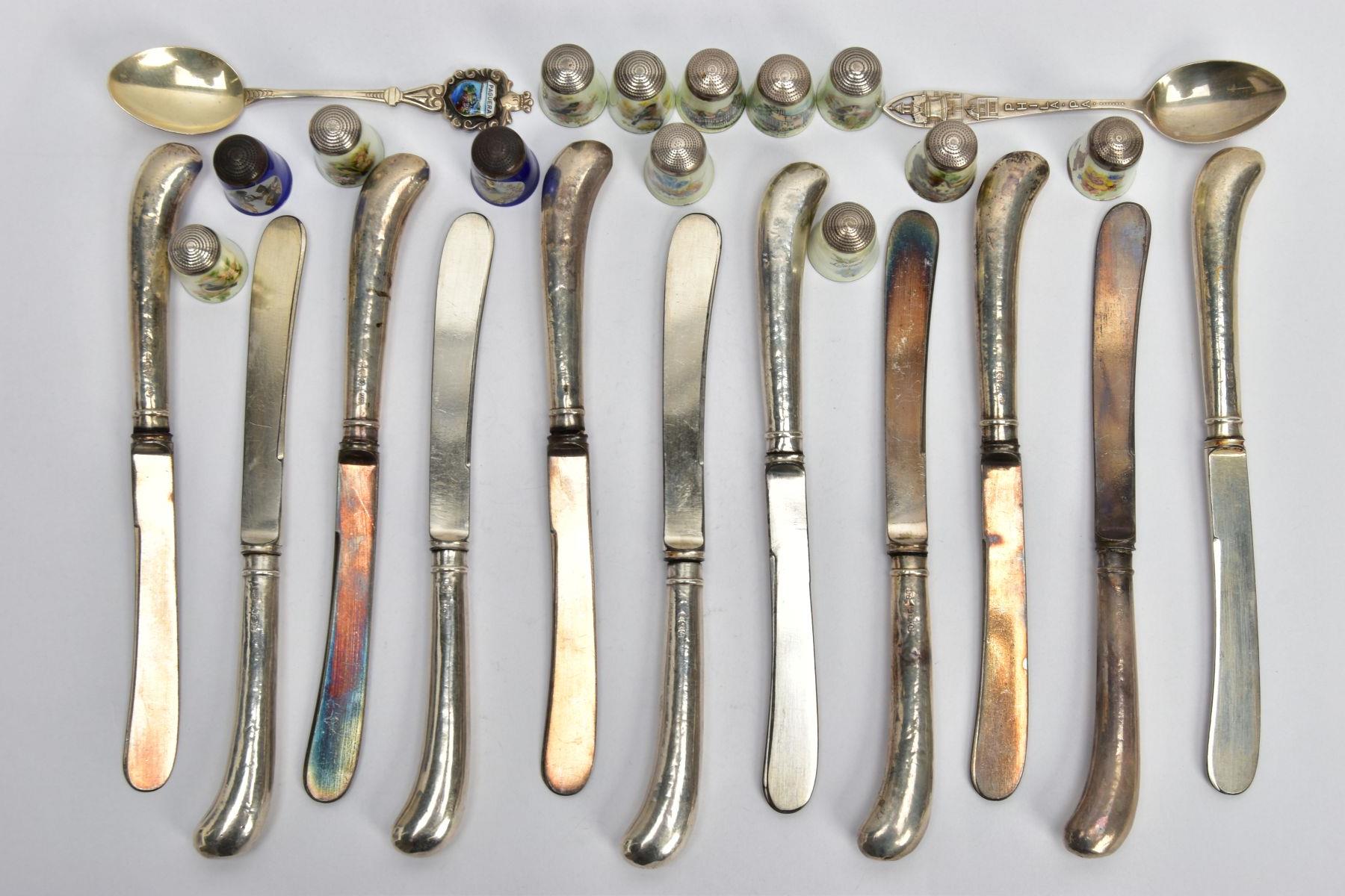 A BOX OF ASSORTED SILVER AND WHITE METAL ITEMS, to include eleven silver handled butter knives,