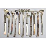 A BOX OF ASSORTED SILVER AND WHITE METAL ITEMS, to include eleven silver handled butter knives,