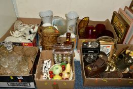 SIX BOXES CONTAINING DRINKING GLASSES, A THIMBLE COLLECTION, VARIOUS CERAMICS AND METALWARE,