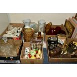 SIX BOXES CONTAINING DRINKING GLASSES, A THIMBLE COLLECTION, VARIOUS CERAMICS AND METALWARE,