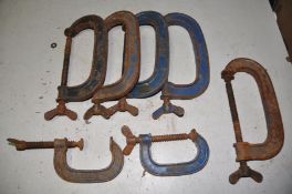 FIVE RECORD No6 G-CLAMPS and two Record No3 G-clamps (some rust)