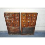 A NEAR PAIR OF EARLY 20TH CENTURY MAHOGANY APOTHECARY CABINETS, each cabinet made up of an
