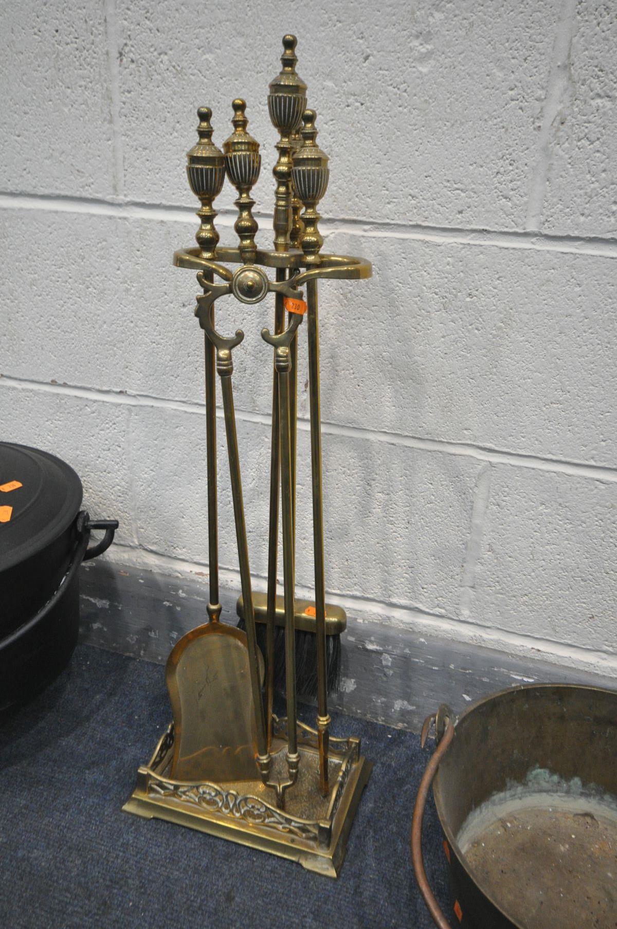 A BRASS FOUR PIECE COMPANION SET, with stand, along with a chappee cast iron cauldron, a brass jam - Bild 2 aus 4