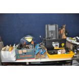 A TOOLBOX AND THREE TRAYS CONTAINING TOOLS including a Black and Decker Sander, a Bestway's pump,
