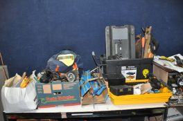 A TOOLBOX AND THREE TRAYS CONTAINING TOOLS including a Black and Decker Sander, a Bestway's pump,