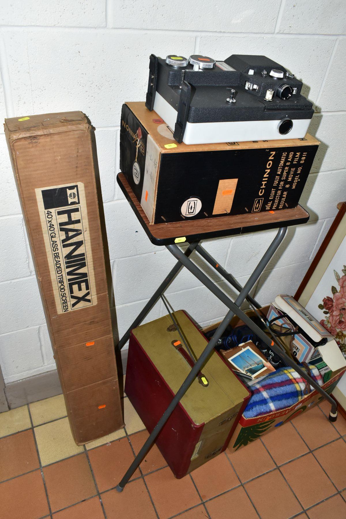 A BOX AND LOOSE FILM PROJECTOR, STAND, SCREEN, RECORD PLAYER, PHOTOGRAPHIC AND OPTICAL EQUIPMENT, to