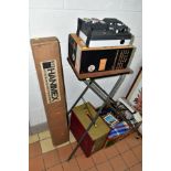 A BOX AND LOOSE FILM PROJECTOR, STAND, SCREEN, RECORD PLAYER, PHOTOGRAPHIC AND OPTICAL EQUIPMENT, to