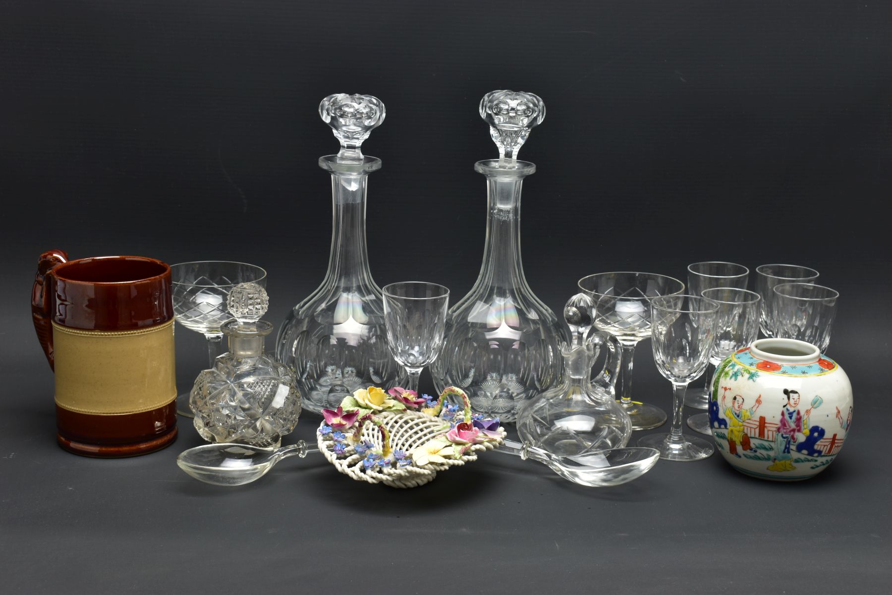 A SMALL QUANTITY OF CERAMICS AND GLASS, comprising a pair of globe and shaft decanters (one
