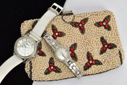 TWO FOSSIL WRISTWATCHES AND A COSTUME JEWELLERY PURSE, the first a manual wind, round white and