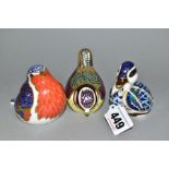 THREE ROYAL CROWN DERBY PAPERWEIGHTS, comprising a Duckling, a Robin and a Blue Tit, all first