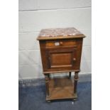 A FRENCH OAK POT CUPBOARD, with marble top, single drawer and cupboard door, and a ceramic interior,