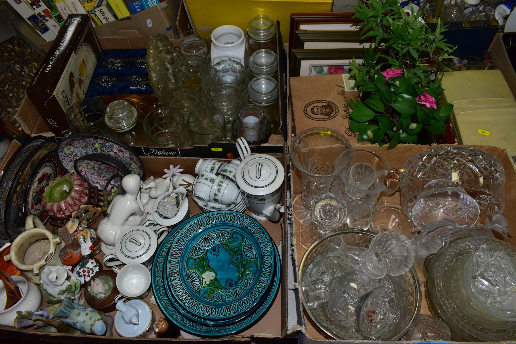 FOUR BOXES OF CERAMICS, GLASS AND SUNDRIES ETC, to include a Japanese Royal China coffee set for