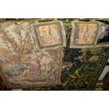 FIVE TAPESTRY WALL HANGINGS TOGETHER WITH FOUR BRASS SUPPORTS, the largest depicting a hunting