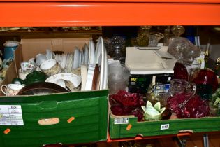TWO BOXES OF GLASSWARES, to include cut, pressed and coloured glassware, a uranium and opaline glass