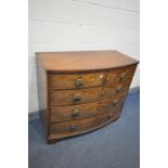 A GEORGIAN FLAME MAHOGANY BOWFRONT CHEST OF TWO SHORT AND THREE LONG DRAWERS, with brass circular