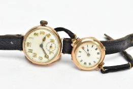 TWO 9CT GOLD WRISTWATCHES, the first an AF hand wound movement, white round dial, Roman numerals,