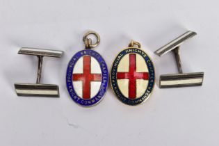 A PAIR OF ENAMELLED CUFFLINKS AND TWO SILVER ENAMELLED MASONIC PENDANTS, the cufflinks with black