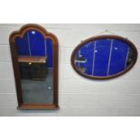 A HARDWOOD OVERMANTEL MIRROR, 57cm x 117cm, an Edwardian mahogany oval wall mirror (2)