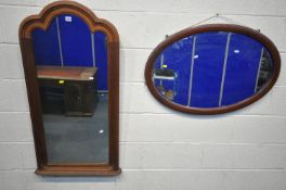 A HARDWOOD OVERMANTEL MIRROR, 57cm x 117cm, an Edwardian mahogany oval wall mirror (2)