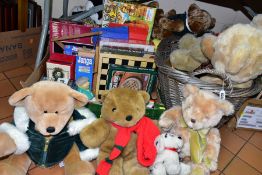 TWO BOXES AND A WICKER BASKET OF SOFT TOYS AND SUNDRY ITEMS ETC, to include Harrods teddy bears,