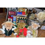 TWO BOXES AND A WICKER BASKET OF SOFT TOYS AND SUNDRY ITEMS ETC, to include Harrods teddy bears,