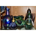 A GROUP OF COLOURED GLASSWARES, to include an iridescent green bud vase with bulbous neck, in