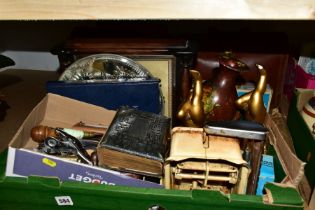 THREE BOXES AND LOOSE TOOLS, 78 RPM RECORDS, PARASOL, PHOTOGRAPH ALBUM AND SUNDRY ITEMS, to