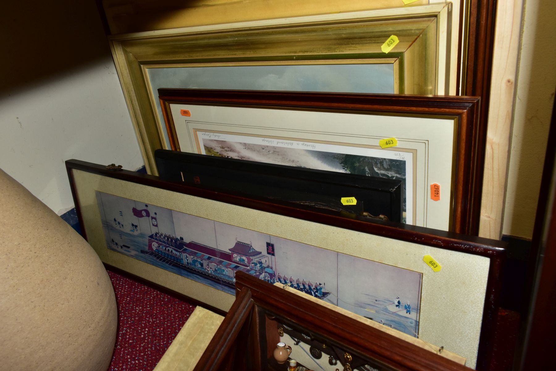 SEVEN FRAMED PICTURES, A LARGE POTTERY VASE, AND A BOX OF SUNDRIES containing a German pewter - Bild 5 aus 7