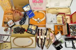 A BOX OF ASSORTED WATCHES AND JEWELLERY, to include seven ladies wrist watches, names to include