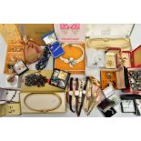 A BOX OF ASSORTED WATCHES AND JEWELLERY, to include seven ladies wrist watches, names to include