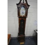 A LATE 20TH CENTURY MAHOGANY CHIMING LONGCASE CLOCK, with a tempest fugit label to arch, height