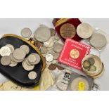 A TUB CONTAINING A FULL GOLD SOVEREIGN COIN TOGETHER WITH A SMALL NUMBER OF LOOSE COINS SOME WITH