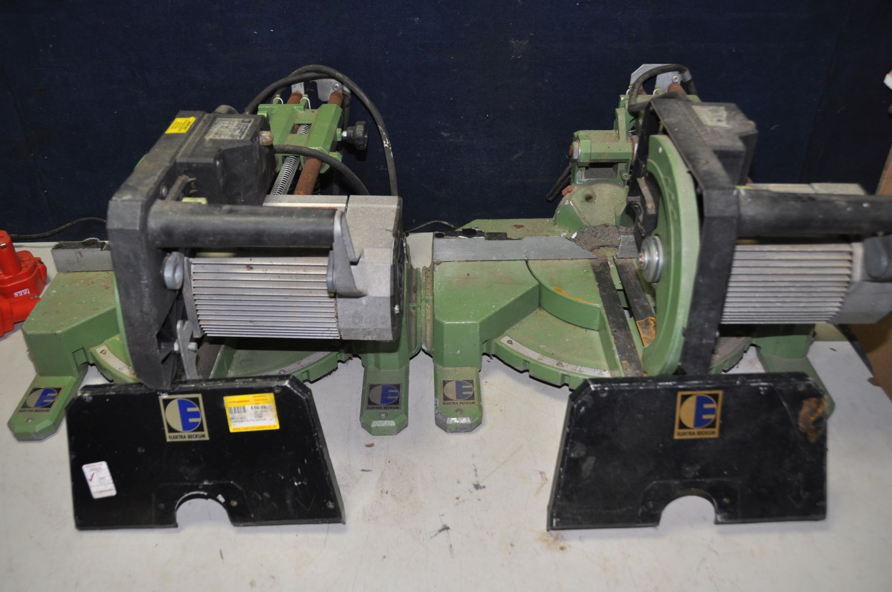 TWO ELECTRA BECKUM KGS300 sliding cross cut mitre saws (no blades and side panel loose and missing