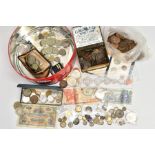 A SWEET TIN CONTAINING COINS AND COMMEMORATIVES, to include a Winston Churchill 18ct gold coin 'This