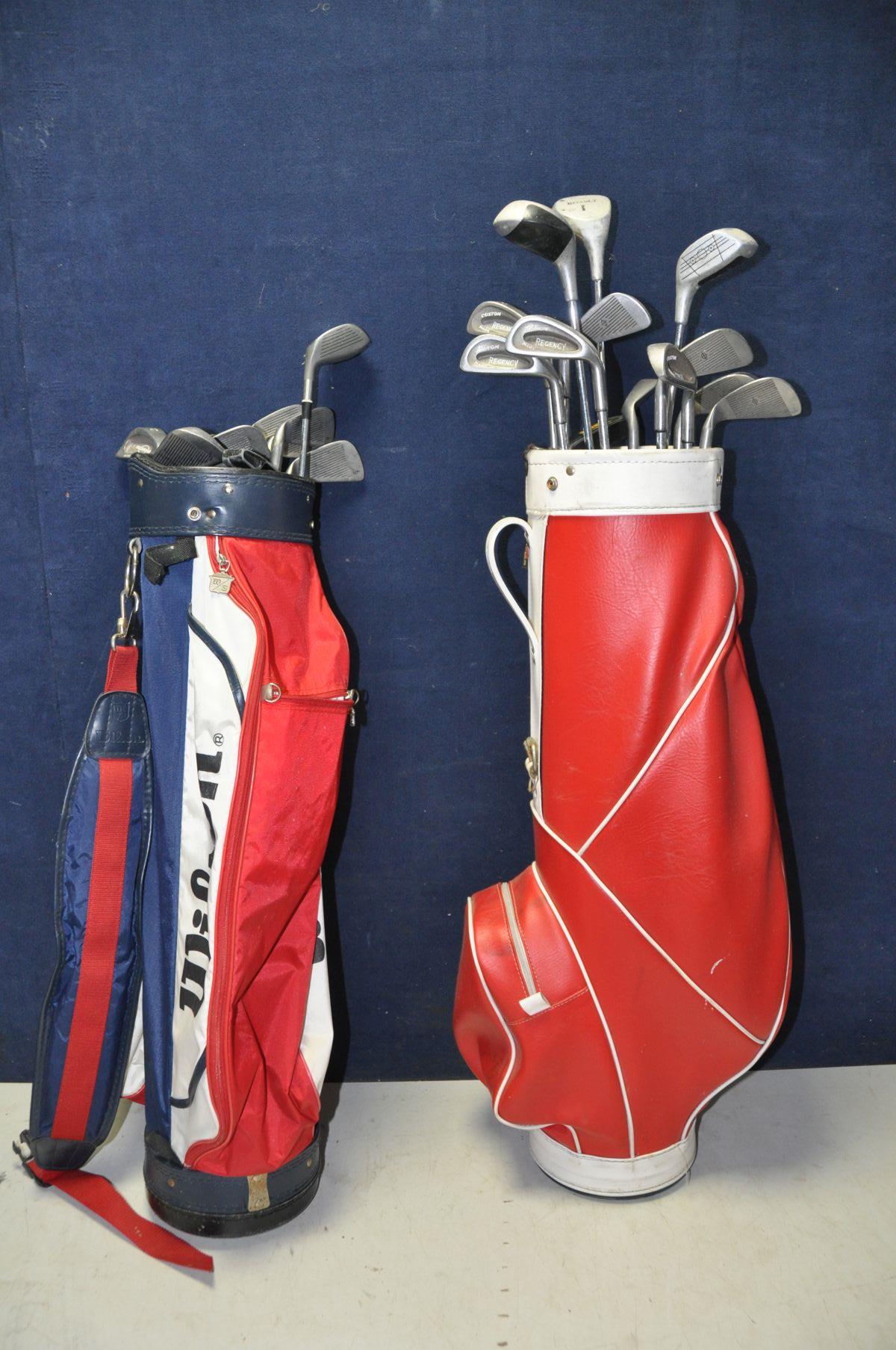 TWO GOLF BAGS CONTAINING CLUBS to include a Wilson golf bag with a set of Apollo clubs, a Karobes