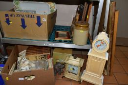 A BOX AND LOOSE SUNDRY ITEMS ETC, to include a Leonardo elephant sculpture, two quartz clocks, a