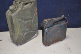 A JERRY CAN stamped with WD, RTB and 1967 along with a vintage Eversure petrol can (contains unknown