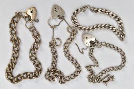 FOUR BRACELETS, to include a silver charm bracelet each link stamped with a sterling mark, fitted