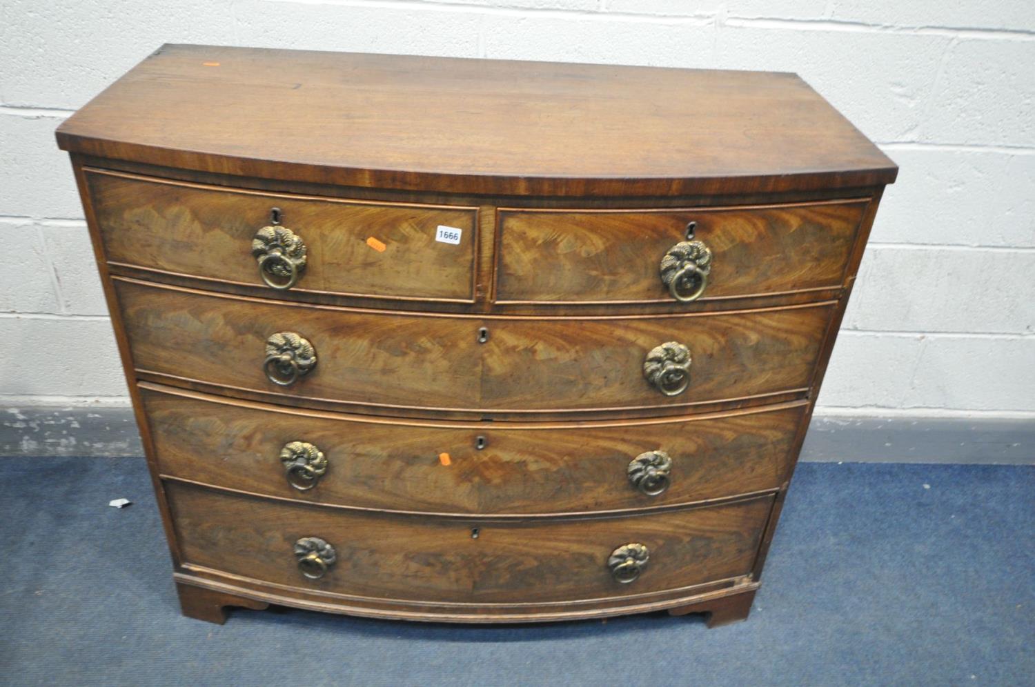 A GEORGIAN FLAME MAHOGANY BOWFRONT CHEST OF TWO SHORT AND THREE LONG DRAWERS, with brass circular - Image 3 of 5