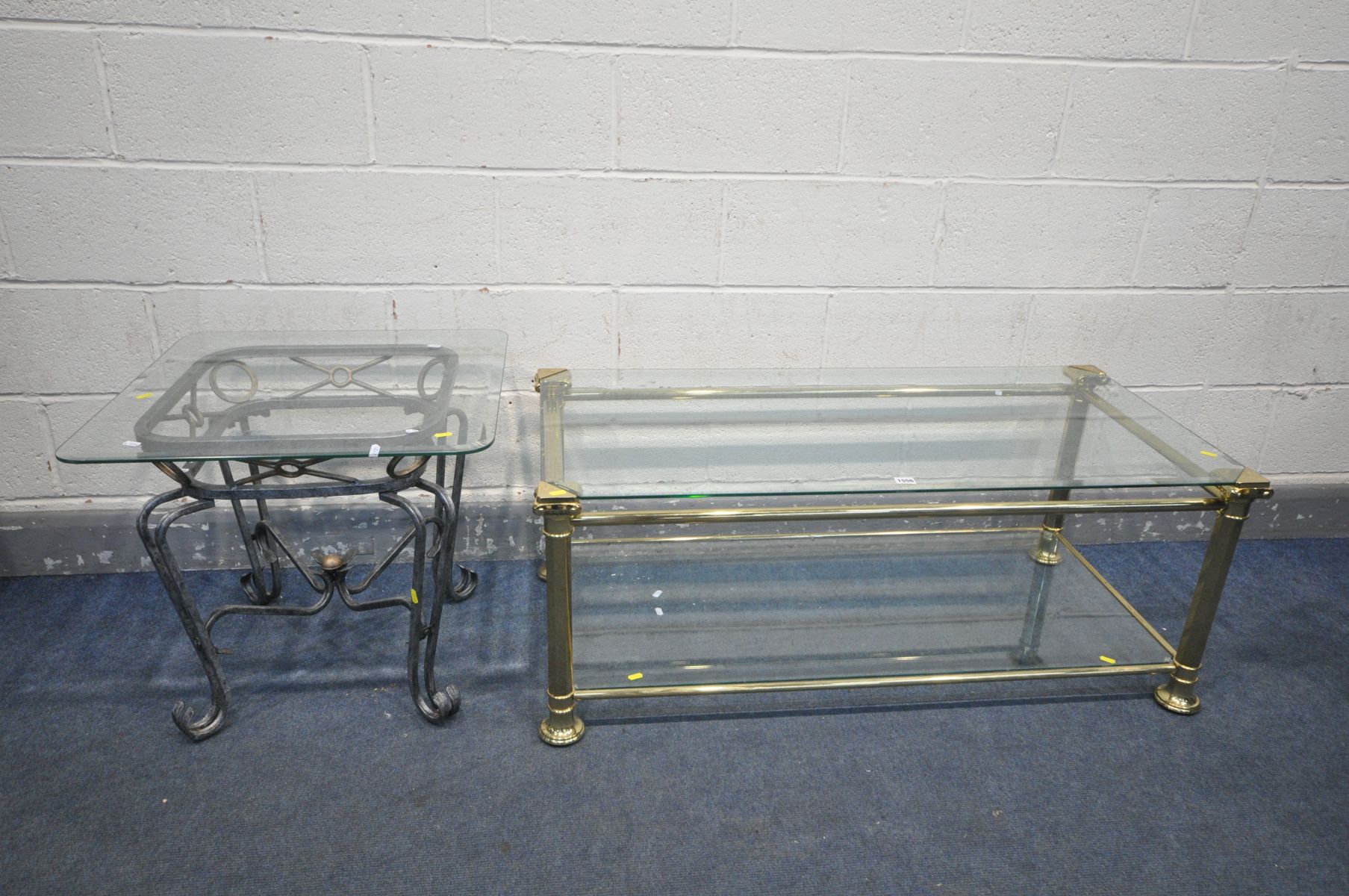 A LATE 20TH CENTURY RECTANGULAR BRASS COFFEE TABLE, with two glass inserts, length 120cm x depth