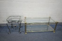 A LATE 20TH CENTURY RECTANGULAR BRASS COFFEE TABLE, with two glass inserts, length 120cm x depth