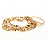 A 9CT GOLD CHAIN AND YELLOW METAL RING, a yellow gold figaro chain necklace, approximate length