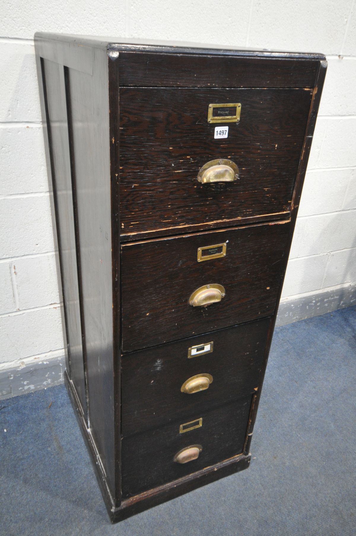 AN EARLY 20TH CENTURY STAINED PINE FOUR DRAWER FILING CABINET, width 49cm x depth 69cm x height