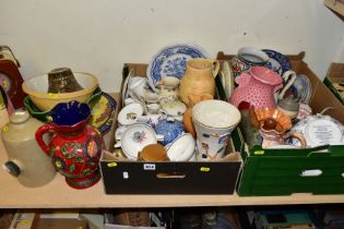 TWO BOXES CONTAINING APPROX FORTY CERAMIC ITEMS INCLUDING FIVE SUSIE COOPER BLUE DAHLIA SOUP DISHES,