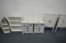 A QUANTITY OF PAINTED FURNITURE, to include a pair of four drawer cabinets, a small bookcase, a