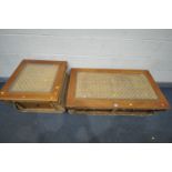 A RECTANGULAR WOVEN BAMBOO COFFEE TABLE, with mahogany frame and drawers, and a glass insert,