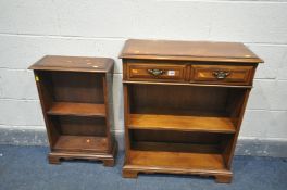 A CHERRYWOOD AND CROSSBANDED OPEN BOOKCASE, with two drawers, width 70cm x depth 29cm x height