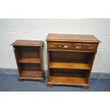 A CHERRYWOOD AND CROSSBANDED OPEN BOOKCASE, with two drawers, width 70cm x depth 29cm x height